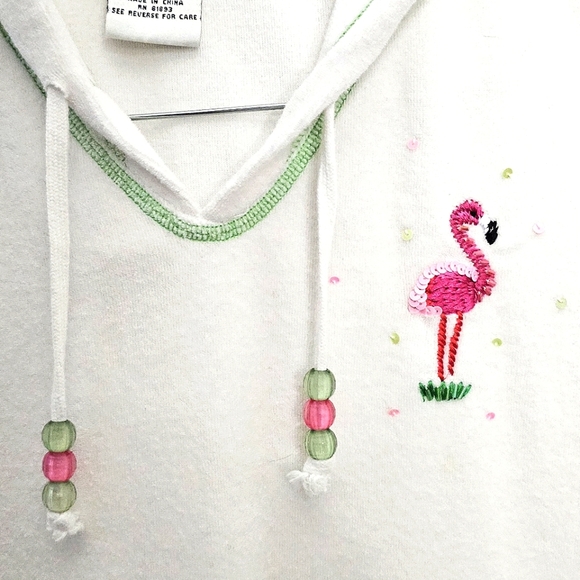 Quacker Factory Beach Cover-Up Terrycloth Womens XS Flamingo Hood Sequins Lounge - Picture 2 of 11